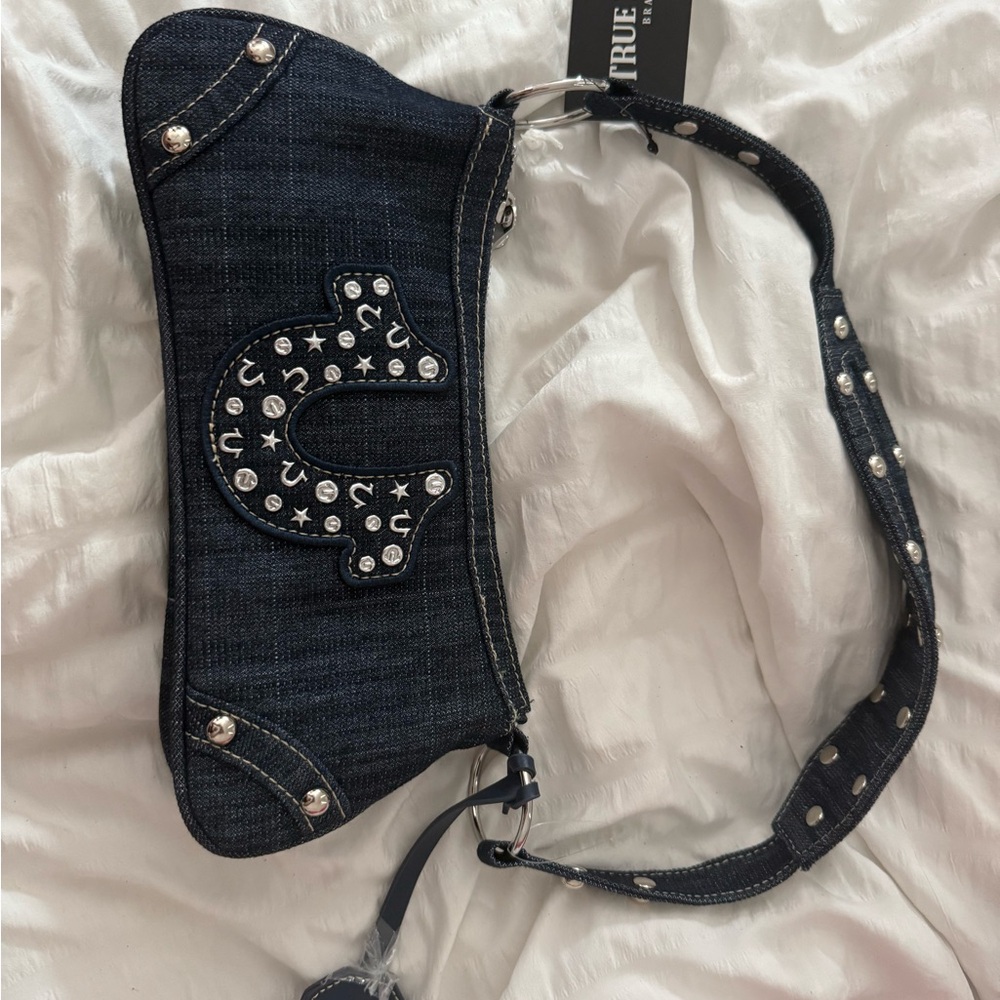 True Religion Blue Denim Bag with Studded Detail